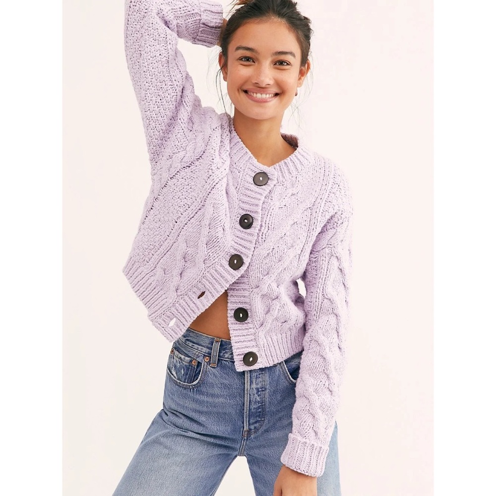FREE PEOPLE Bonfire Chunky Knit Cardigan in Lavender